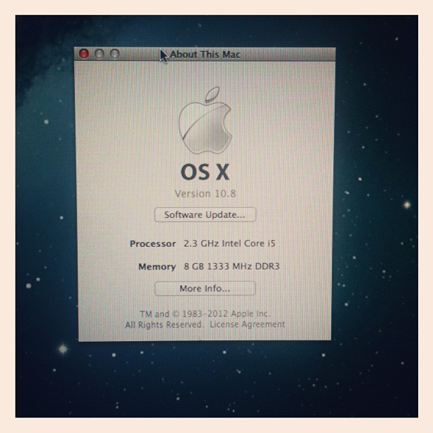 About This Mac window showing Apple OS X version 10.8, 2.3 GHz Intel Core i5 processor, and 8 GB 1333 MHz DDR3 memory.