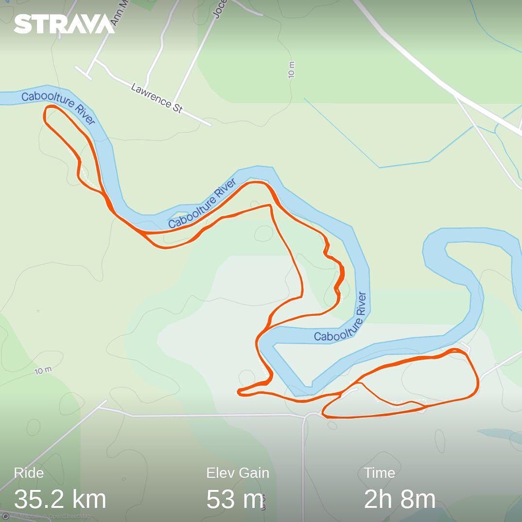 Strava map with an orange 35.2 km ride route looping along the Caboolture River, with 53 m elevation gain and 2h 8m time.