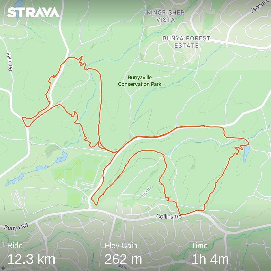 Strava map showing a 12.3 km ride loop through Bunyaville Conservation Park with 262 m elevation gain and a time of 1h 4m.