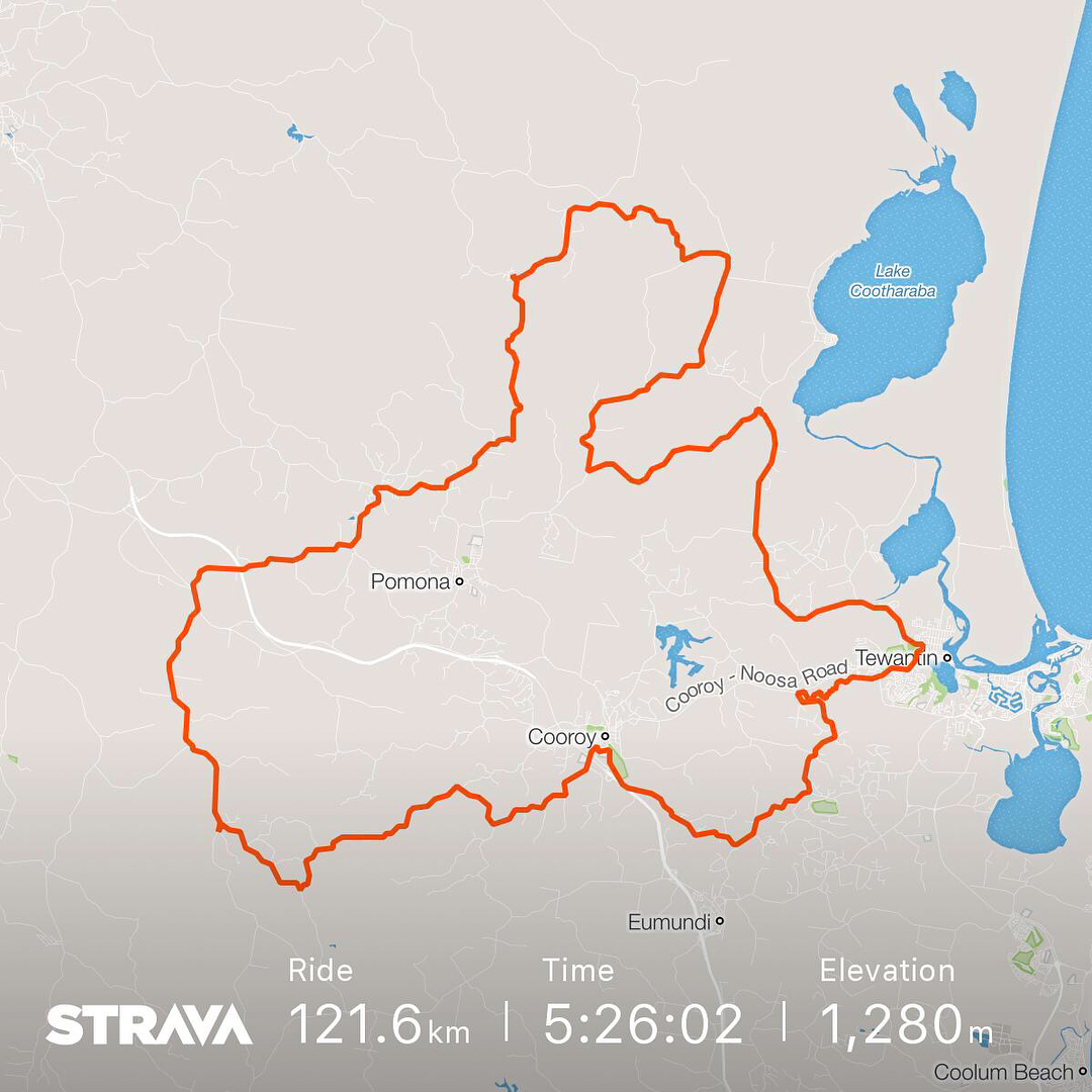 Strava map with an orange cycling route looping around Pomona, Cooroy, and Tewantin, with stats: 121.6 km, 5:26:02, 1,280 m.