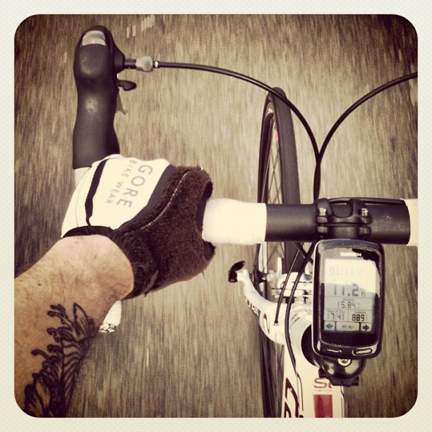 View from a moving bicycle with a gloved hand on the handlebar, front wheel visible, and a bike computer mounted at the center.