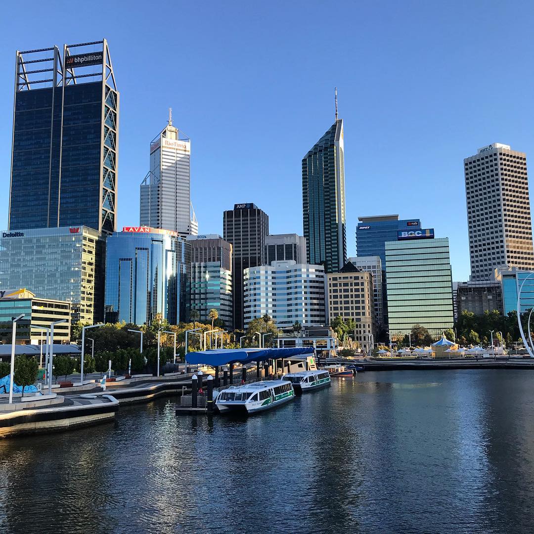 City skyline of glass skyscrapers beside a calm waterfront, with several white ferries docked under a blue canopy.