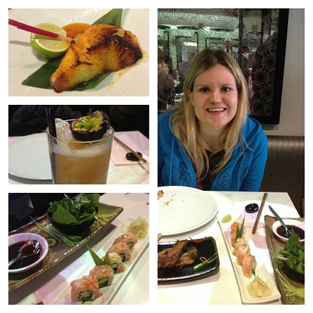 Woman in a blue jacket smiling at a restaurant table with sushi, grilled fish, and drinks in a collage.