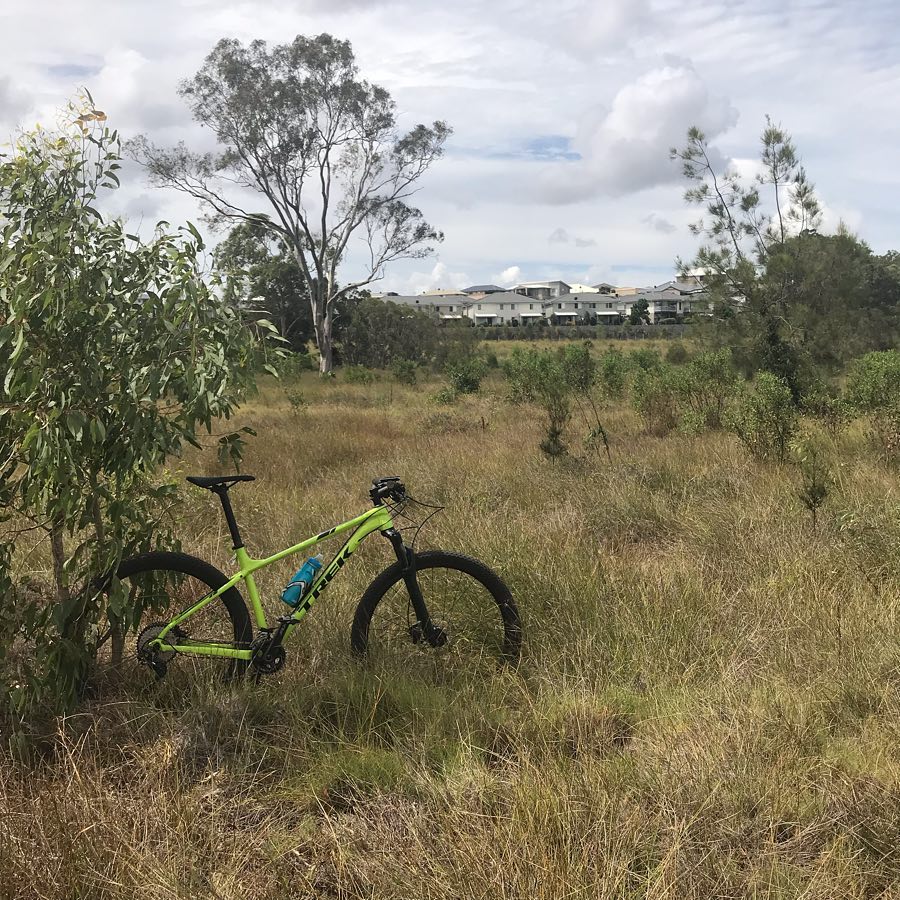 Green mountain bike leaning against a small tree in dry grassy field, with scattered trees, houses, and cloudy sky in the background.