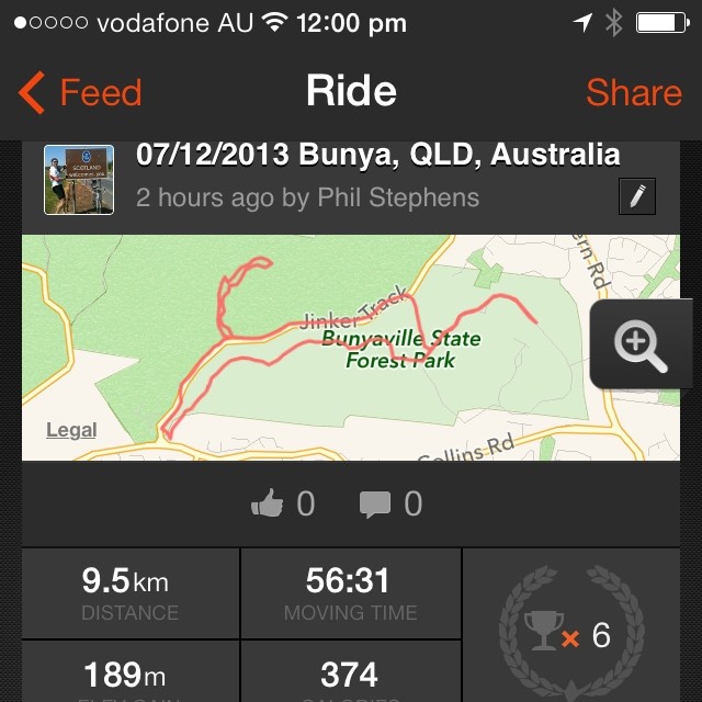 Ride app screen showing a route map in Bunyaville State Forest Park, with 9.5 km distance, 56:31 moving time, 189 m elevation, and 374 calories.