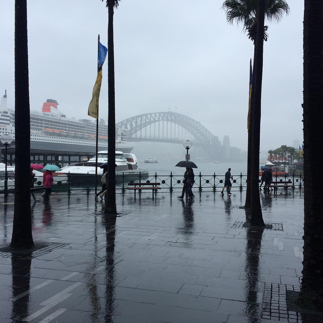 Rainy waterfront promenade with palm trees, people holding umbrellas, a large cruise ship, and a bridge fading into the mist.