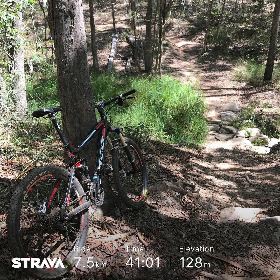 Mountain bike leaning against a tree beside a rocky dirt trail in a wooded area, with Strava stats overlay at the bottom.