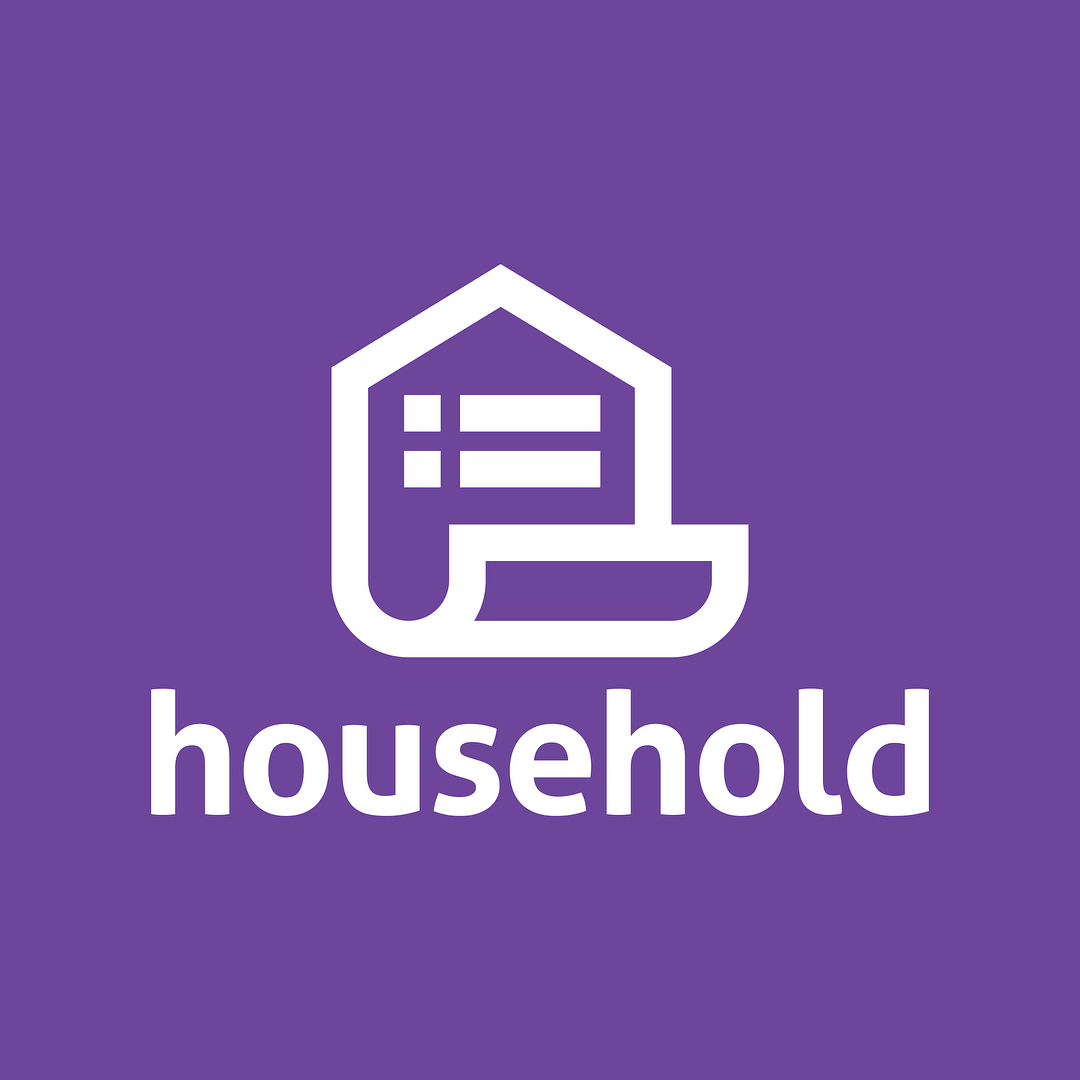 White house-shaped logo with list lines above the word "household" on a purple background.